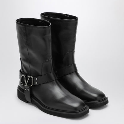 Valentino Garavani VLogo Signature Square-Toe Leather Ankle Boots Black