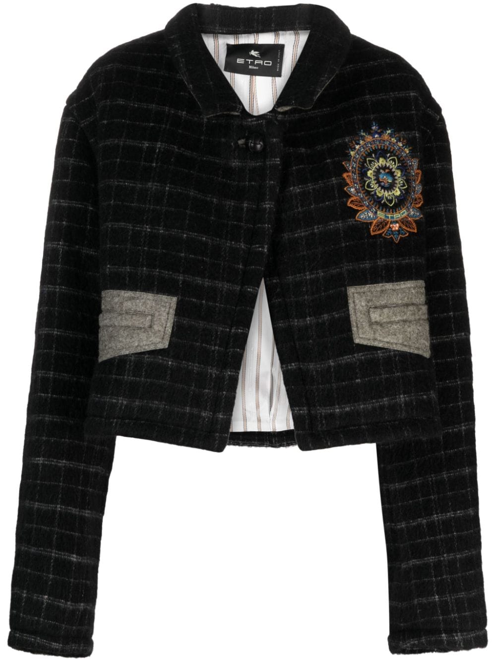 Etro Cropped Checked Wool-Blend Embroidered Jacket Black