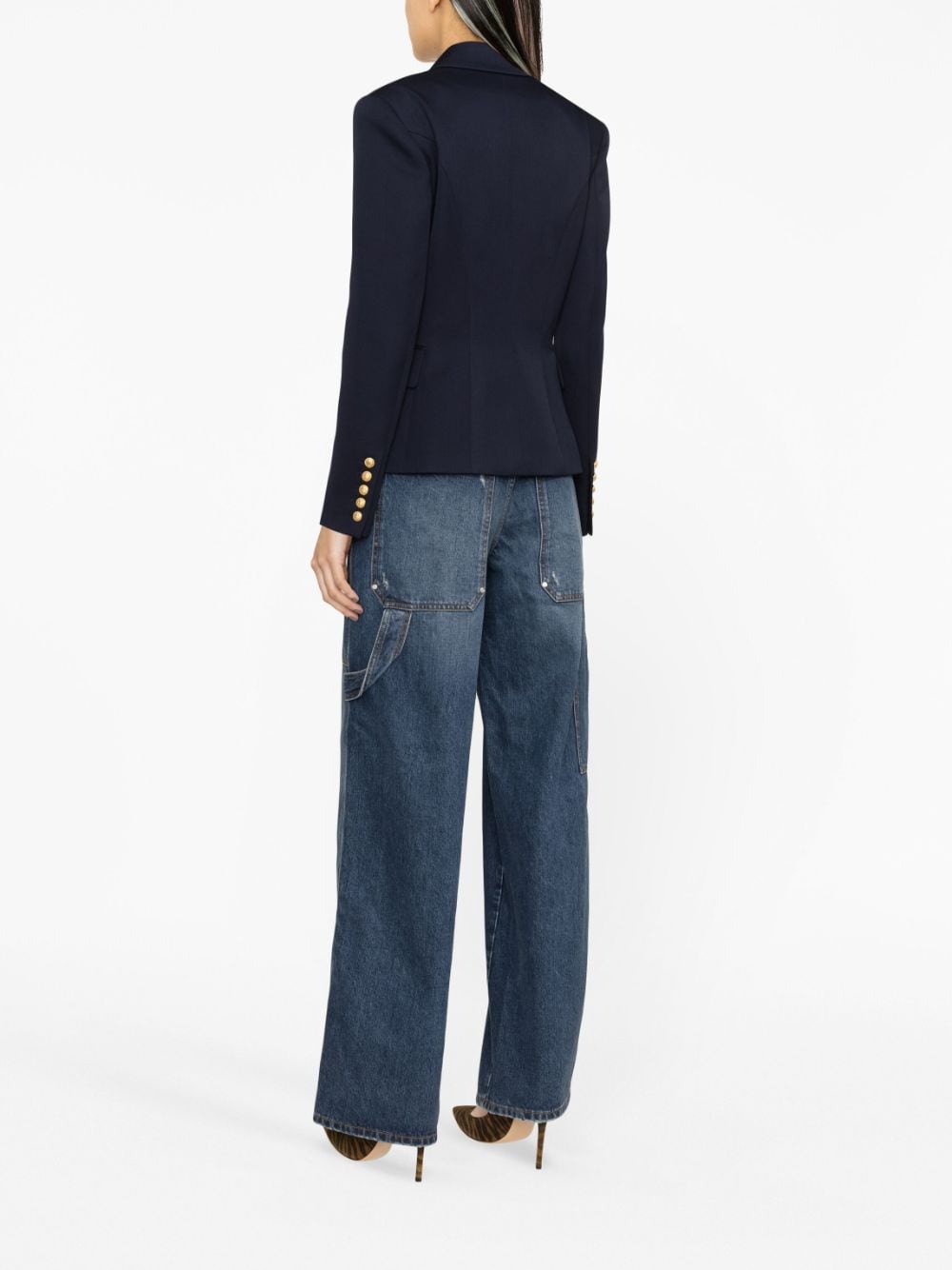 Balmain Double-Breasted Wool Blazer Navy Blue Blue