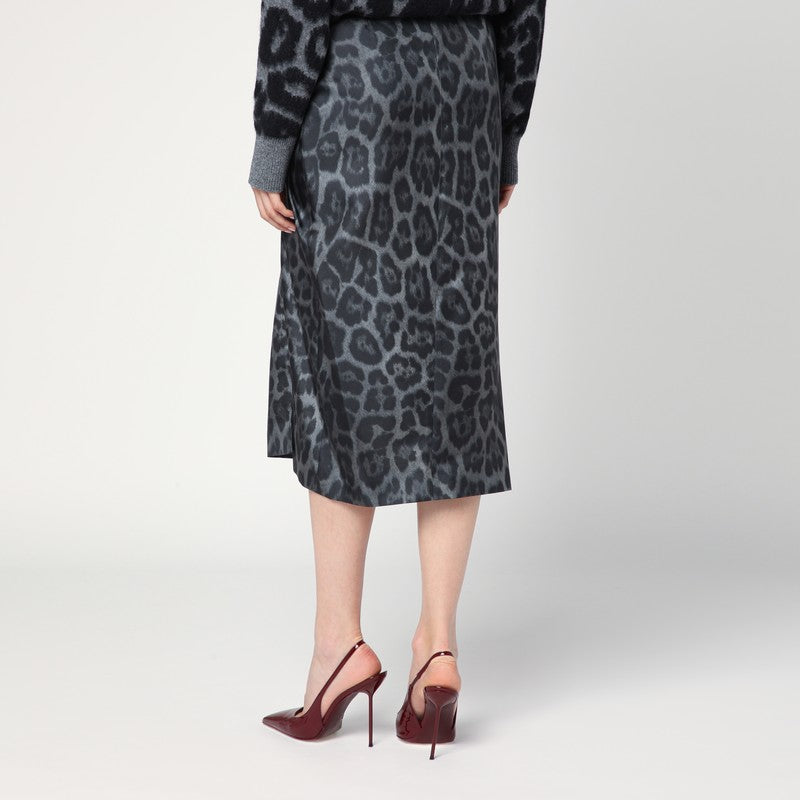 Stella McCartney Leopard Silk Asymmetric Midi Skirt with Knot Grey