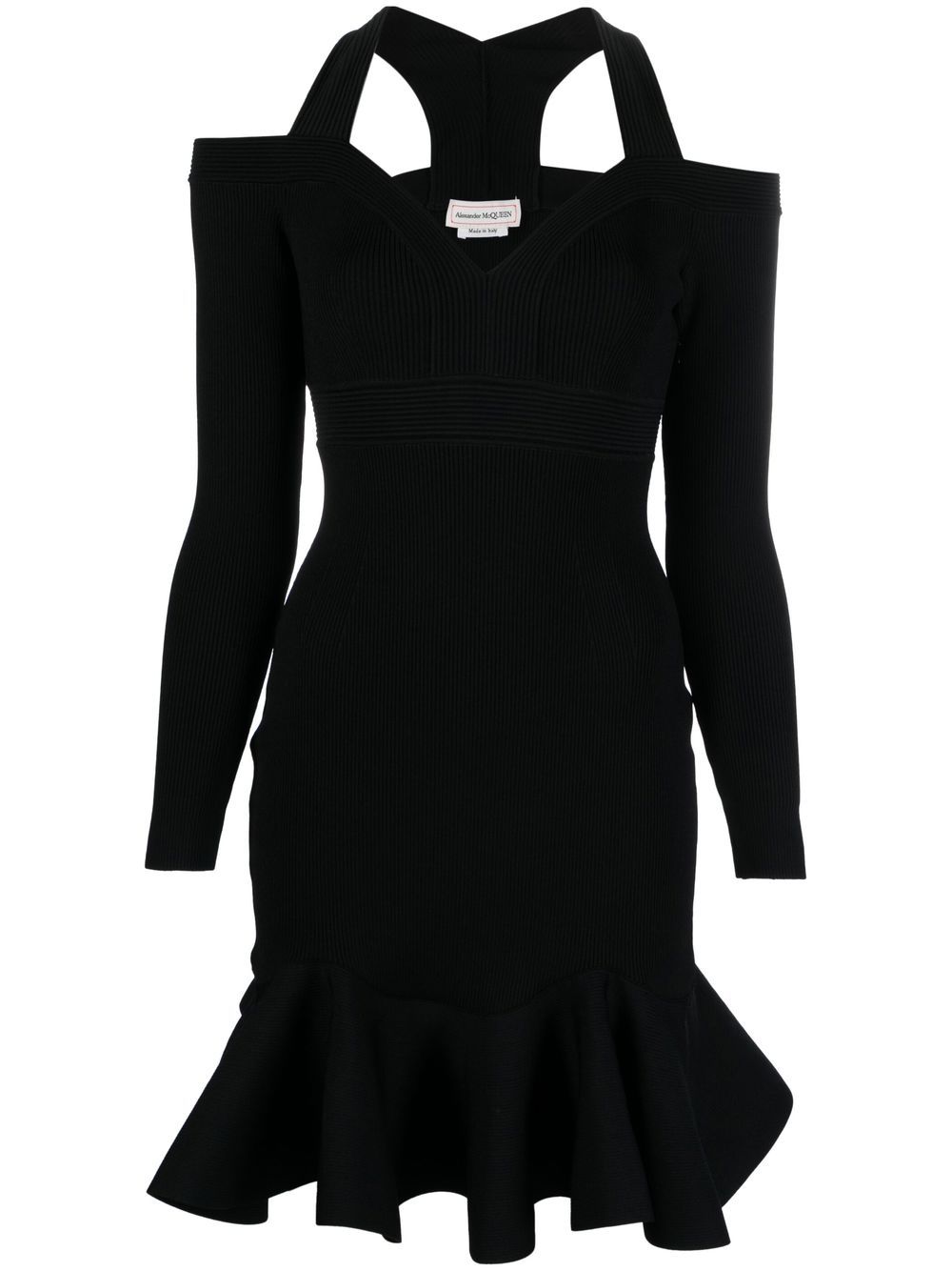 Alexander McQueen Short Ribbed-Knit Mini Dress with Sweetheart Neck Black