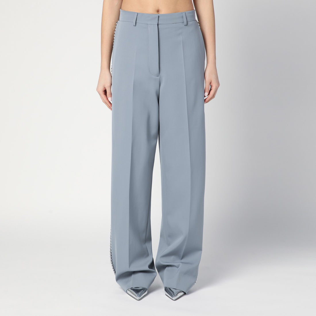 Stella McCartney Wide-Leg Falabella Chain-Detail Wool Trousers Grey