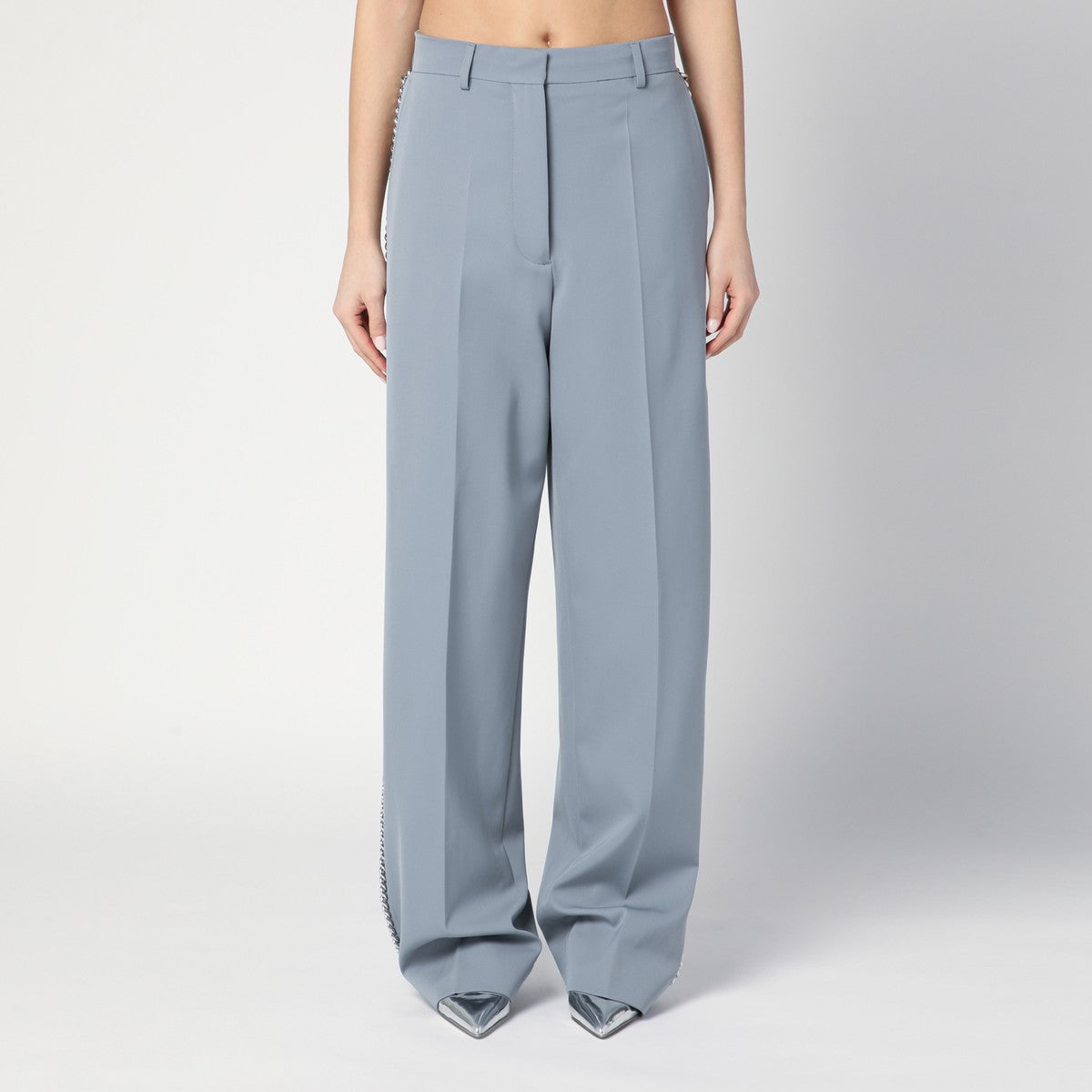 Stella McCartney Wide-Leg Falabella Chain-Detail Wool Trousers Grey