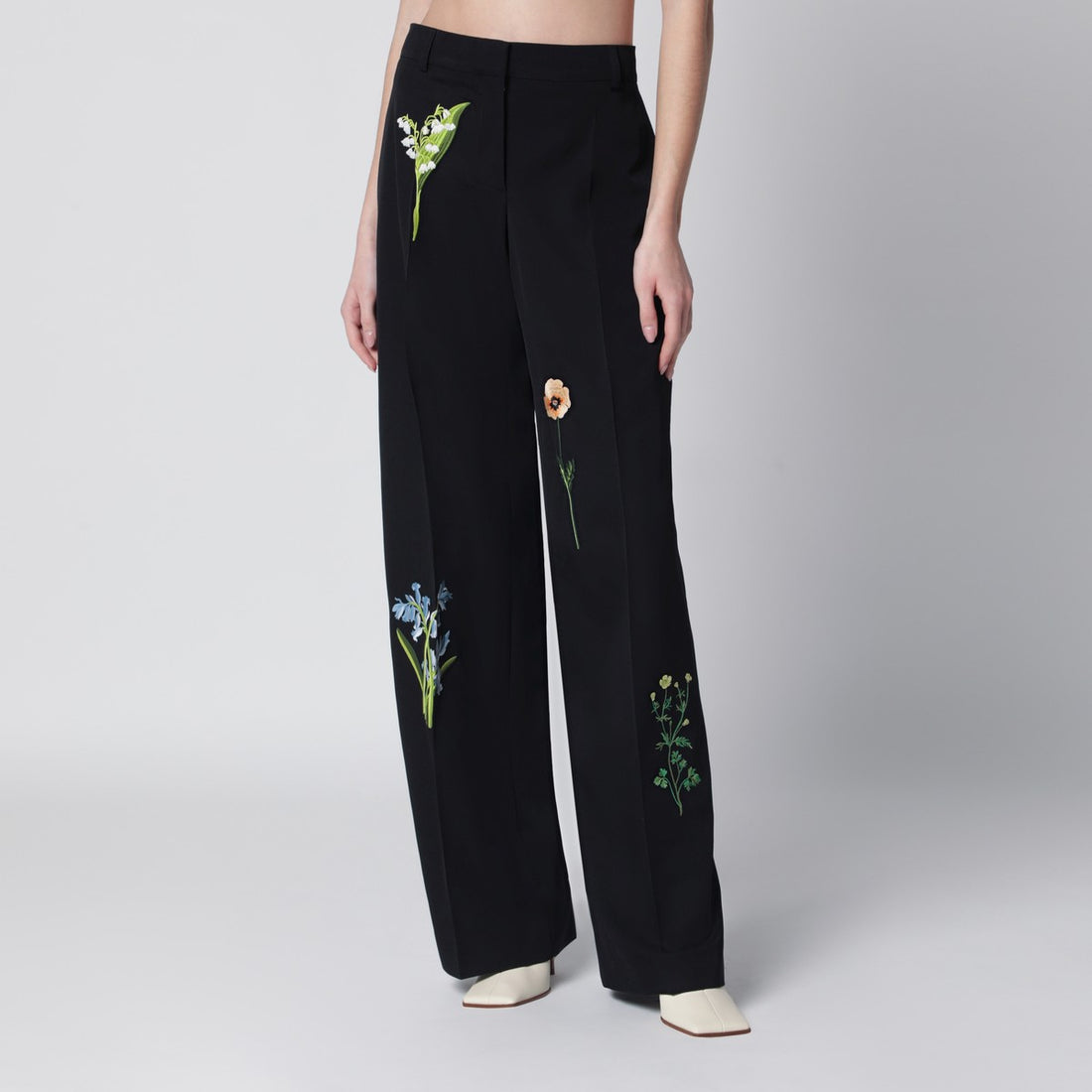 Stella McCartney Floral Embroidered Wool Trousers Black