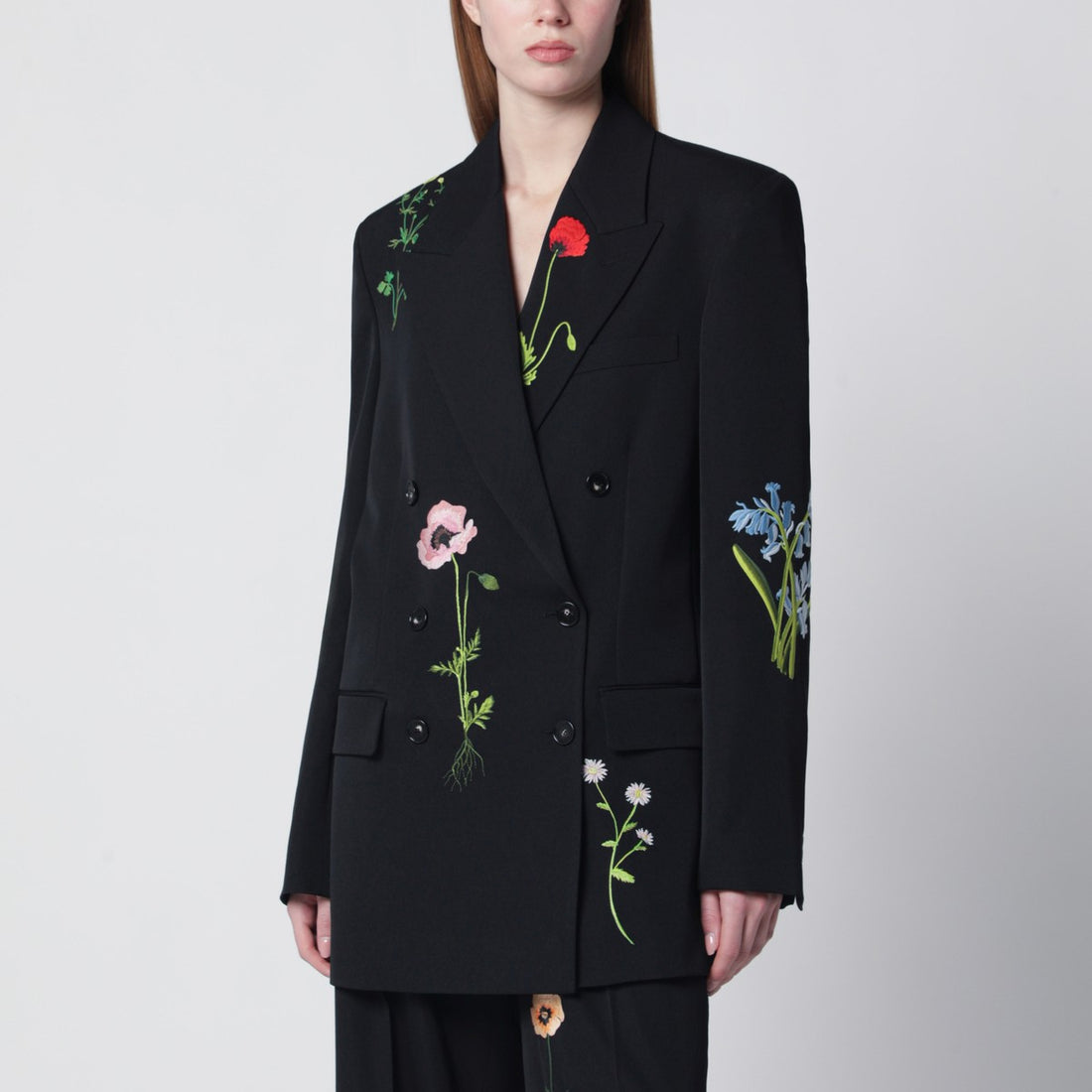 stella mccartney double-breasted floral wool jacket black