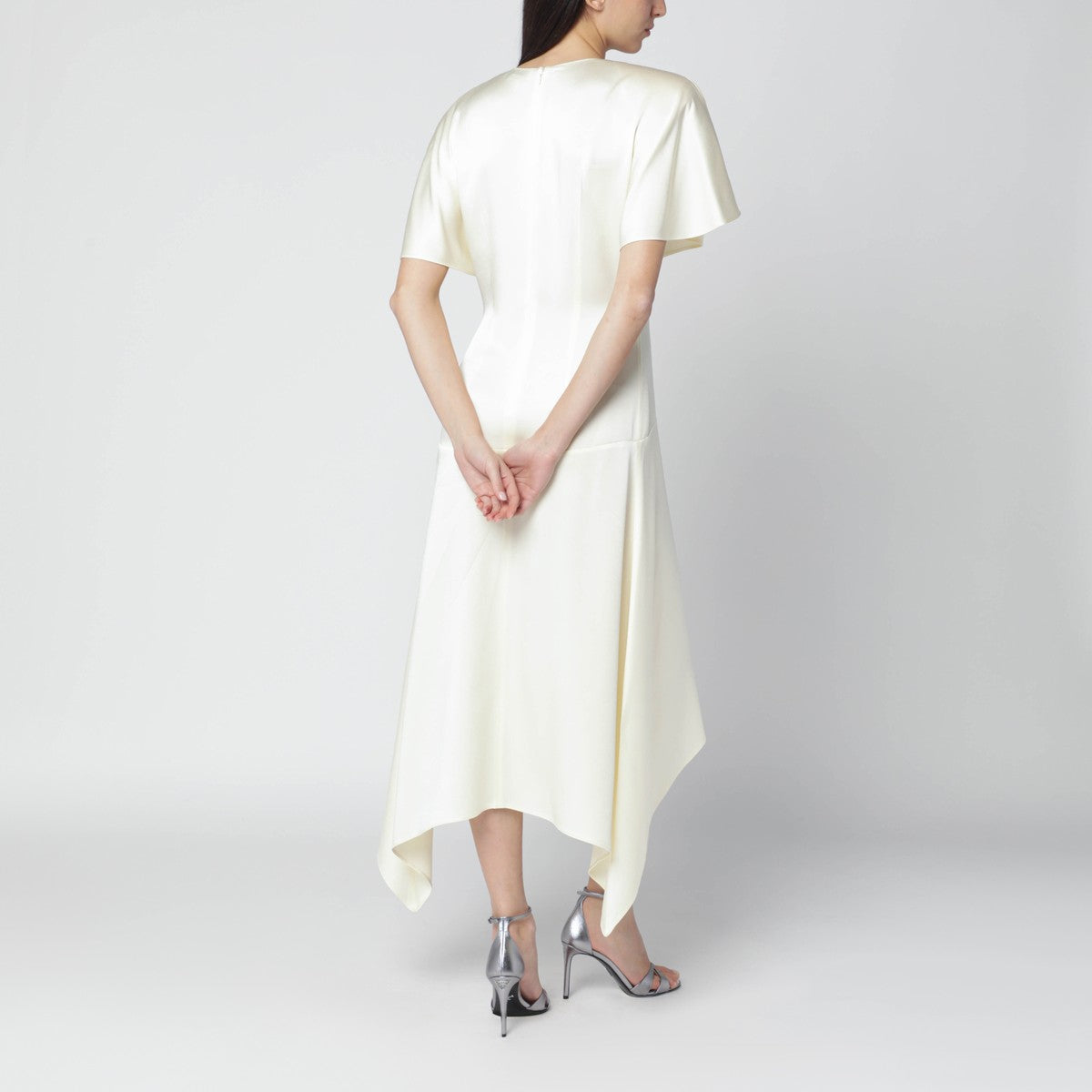 Stella McCartney Butter Satin Midi Dress with Asymmetric Hem White
