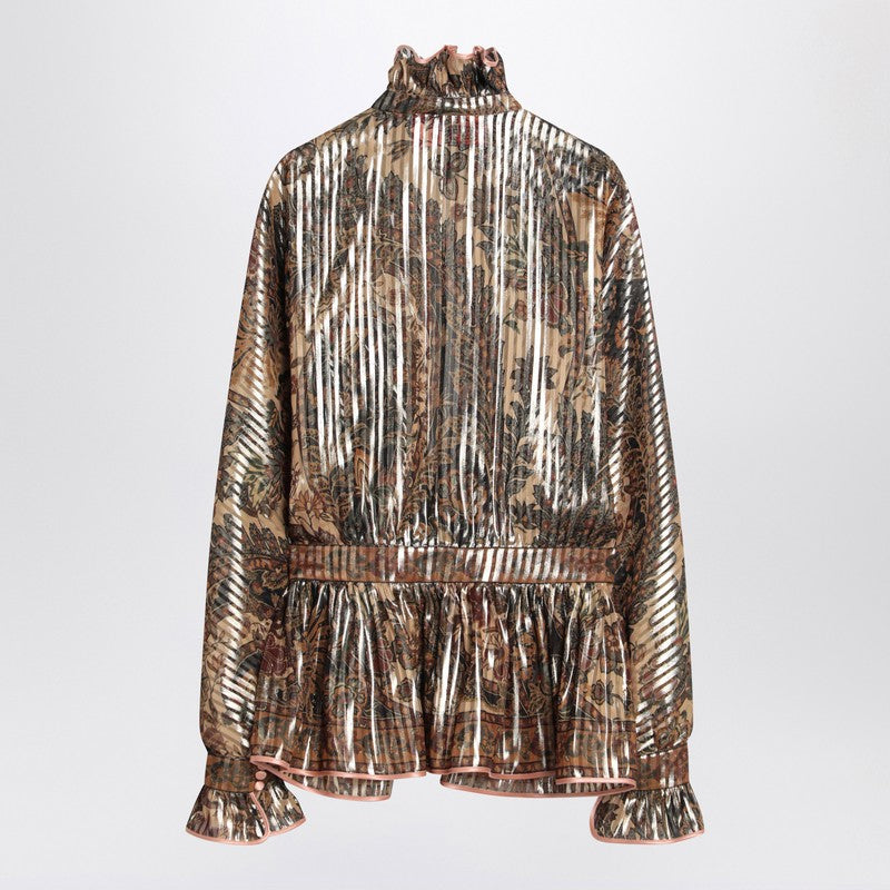Valentino Loose Pleated Silk-Blend Floral Shirt Beige