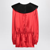 Valentino Red Silk Satin Blouse with Contrasting Black Collar Orange