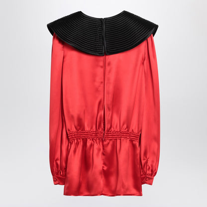 Valentino Red Silk Satin Blouse with Contrasting Black Collar Orange