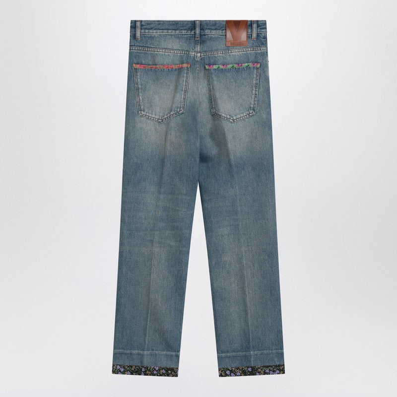 Valentino Washed Blue Jeans with Floral Trim Blue