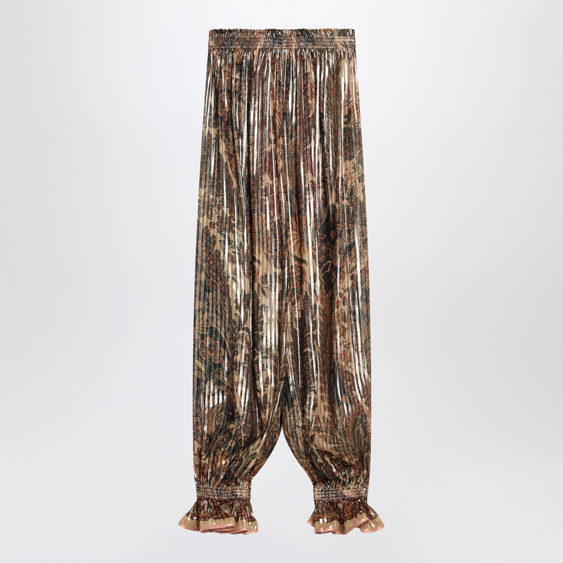Valentino Pleated Metallic Silk-Blend Floral Trousers Beige