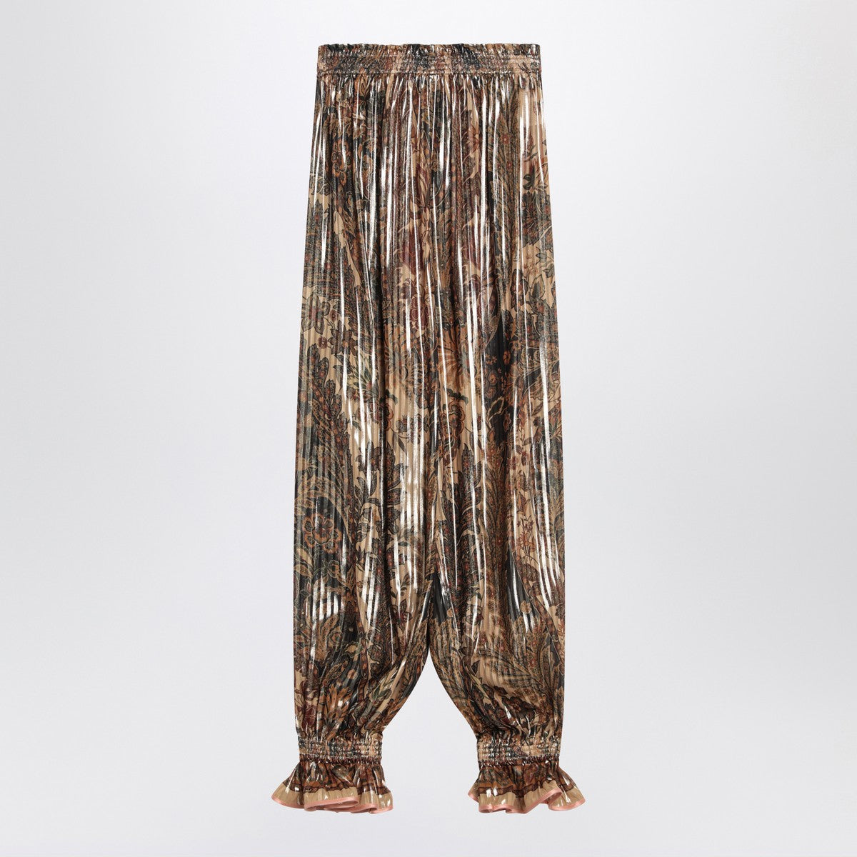 Valentino Pleated Metallic Silk Trousers Beige