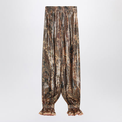 Valentino Pleated Metallic Silk Trousers Beige