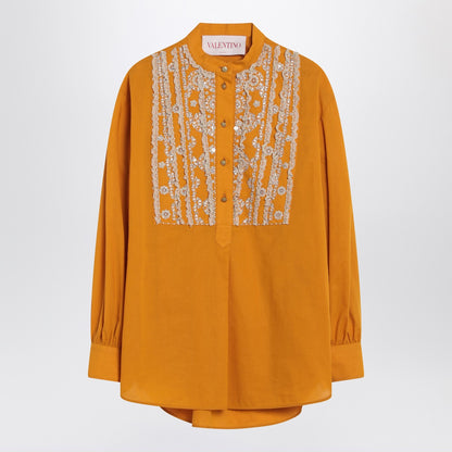 Valentino Ochre Yellow Beaded Lace Cotton Shirt with Korean Collar Yellow