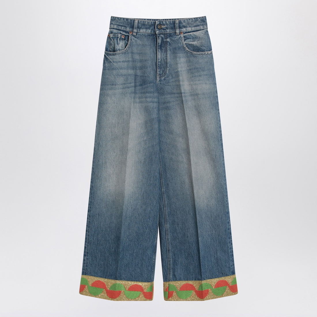 Valentino Blue Washed Jeans with Jacquard Hem Blue