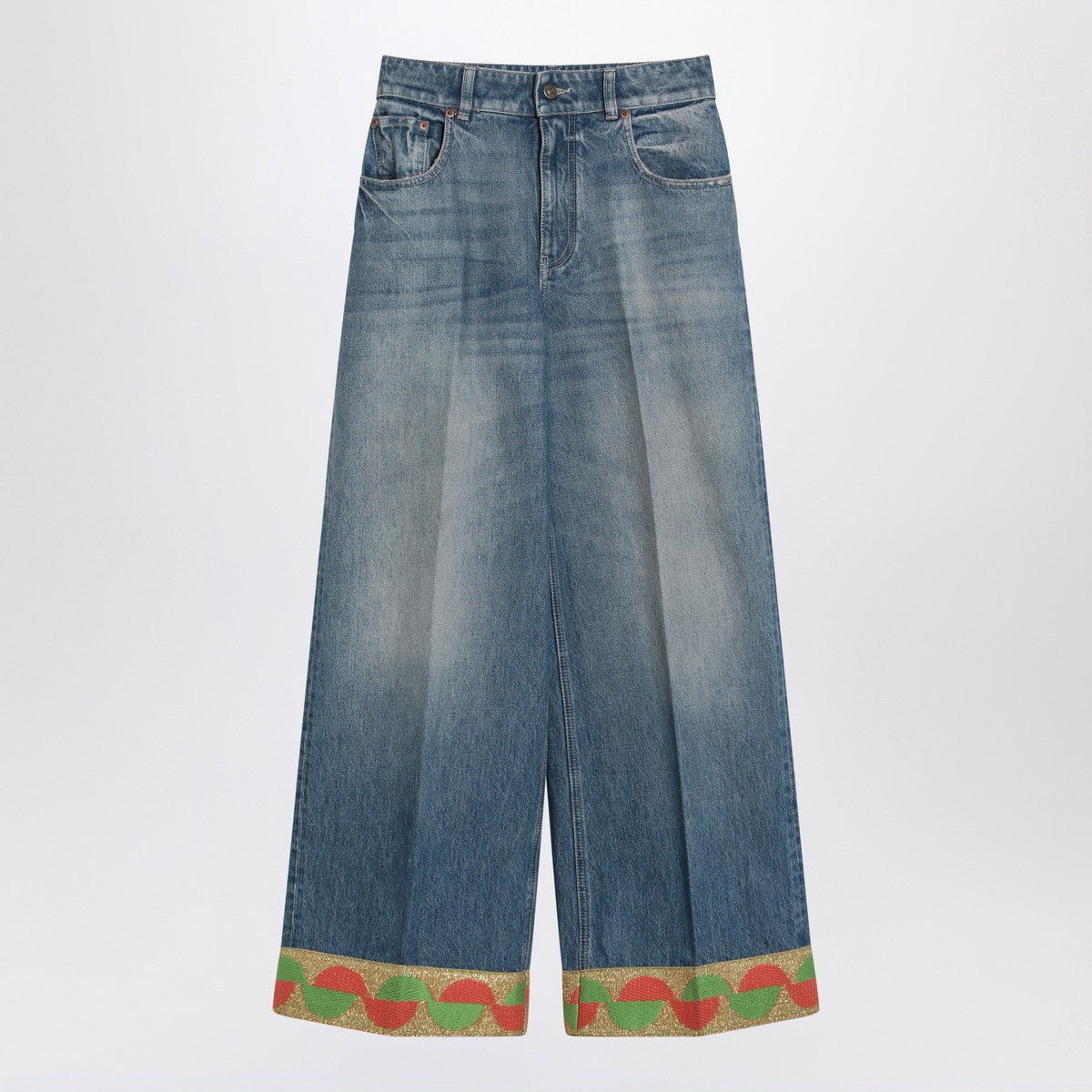 Valentino Blue Washed Jeans with Jacquard Hem Blue
