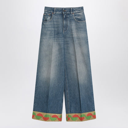 Valentino Blue Washed Jeans with Jacquard Hem Blue
