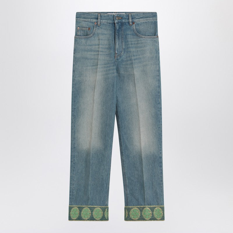 Valentino Faded Denim Jacquard Hem Jeans Blue