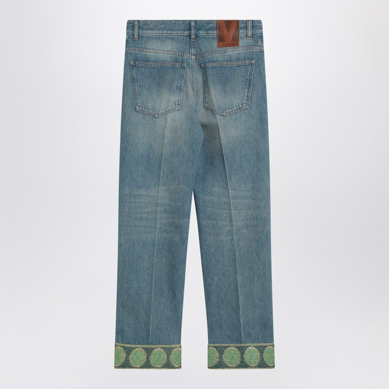 Valentino Faded Denim Jacquard Hem Jeans Blue
