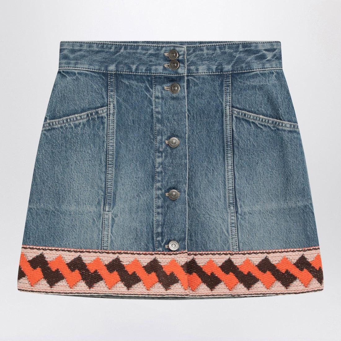 Valentino Denim Mini Skirt with Contrasting Jacquard Trim Blue