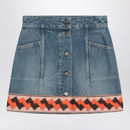 Valentino Denim Mini Skirt with Contrasting Jacquard Trim Blue