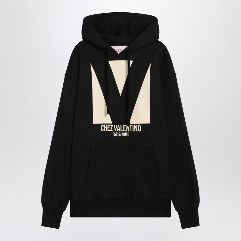 Valentino Hooded Black Sweatshirt with Chez Valentino Chest Print Black