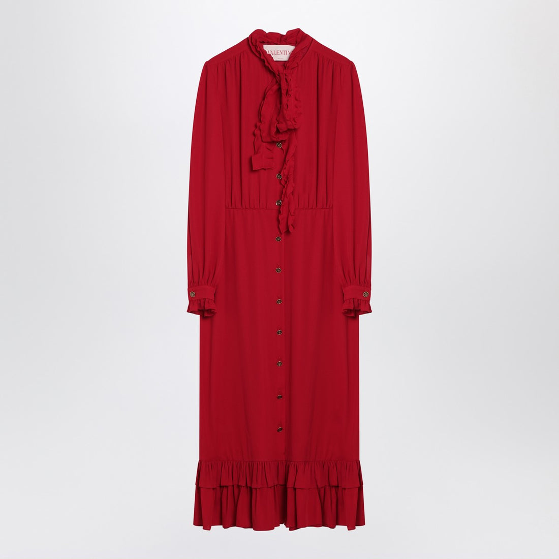 Valentino Red Ruffled Silk Midi Dress with Bow Detail Red
