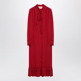 Valentino Red Ruffled Silk Midi Dress with Bow Detail Red
