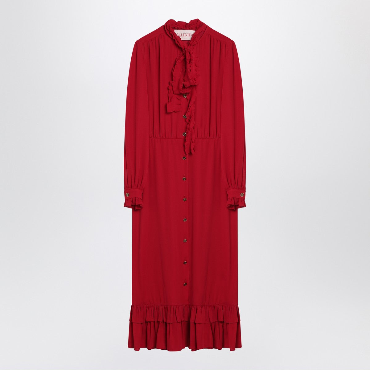 Valentino Red Ruffled Silk Midi Dress with Bow Detail Red