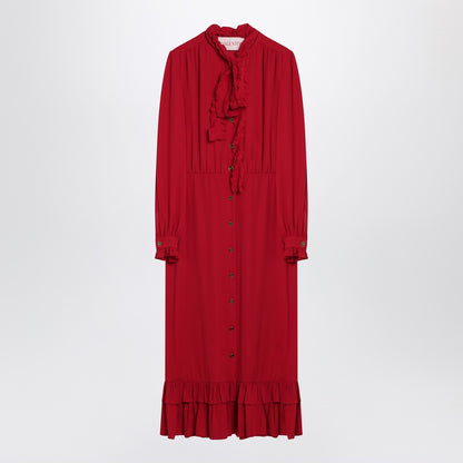 Valentino Red Ruffled Silk Midi Dress with Bow Detail Red