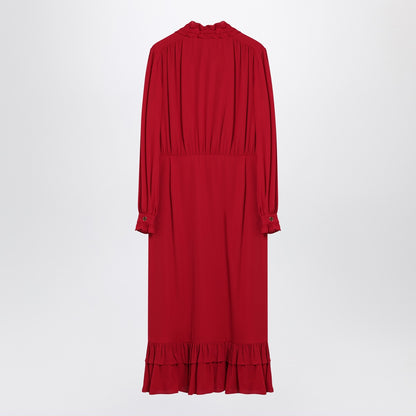 Valentino Red Ruffled Silk Midi Dress with Bow Detail Red