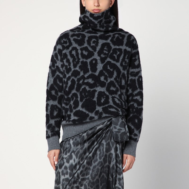Stella McCartney Leopard-Jacquard Wool Turtleneck Sweater Black