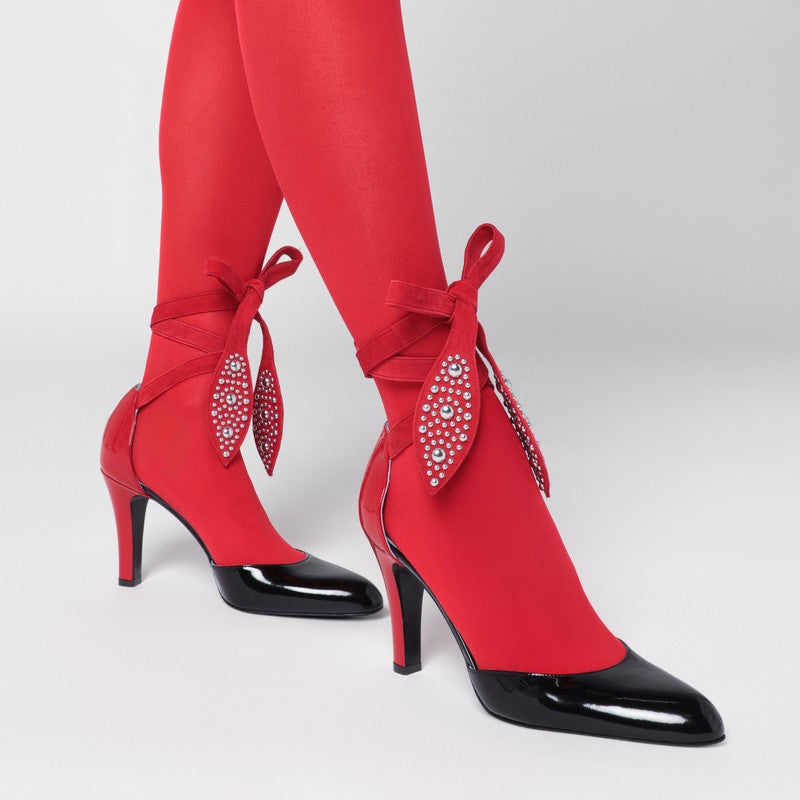 Valentino Garavani Black and Red Leather Foliefoliage Pumps with Bow and VLogo Signature Red