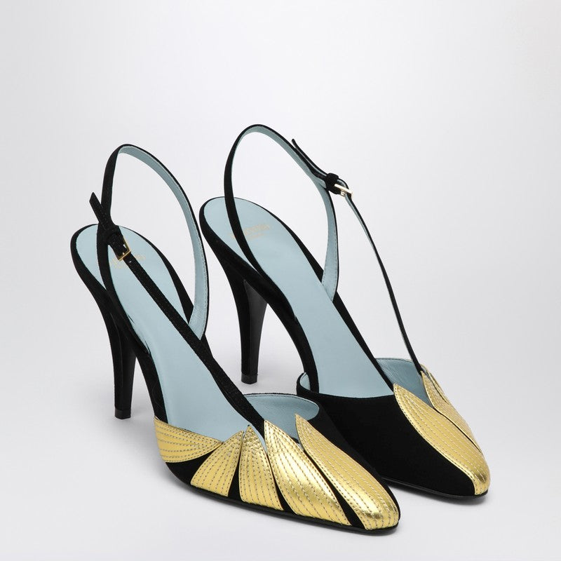 Valentino Garavani High Slingback Pumps in Black Suede with Gold Foliage Black