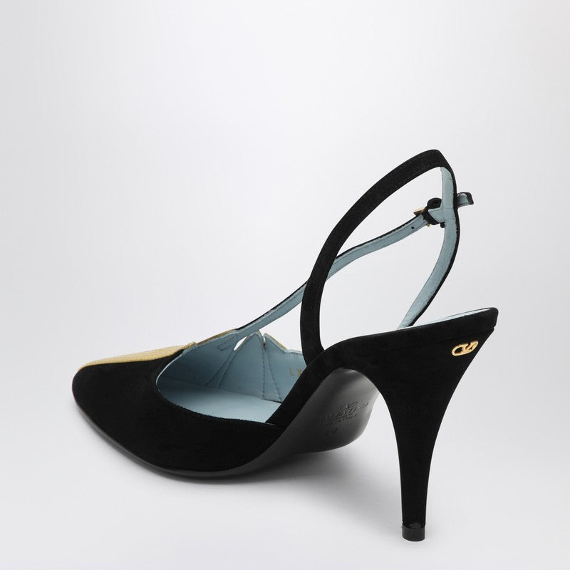Valentino Garavani High Slingback Pumps in Black Suede with Gold Foliage Black