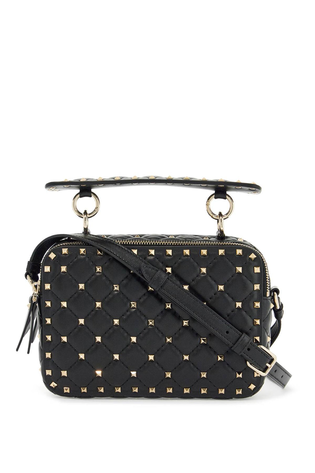 Compact quilted crossbody bag with golden studs