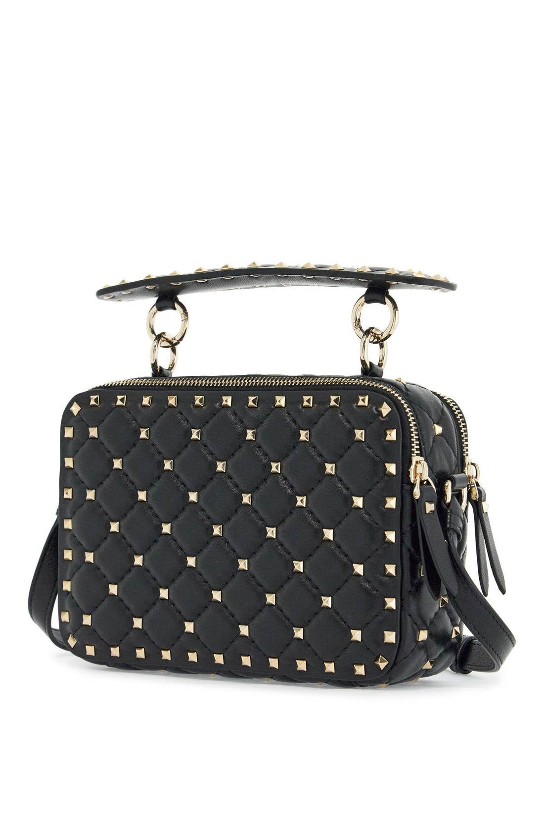 Compact quilted crossbody bag with golden studs