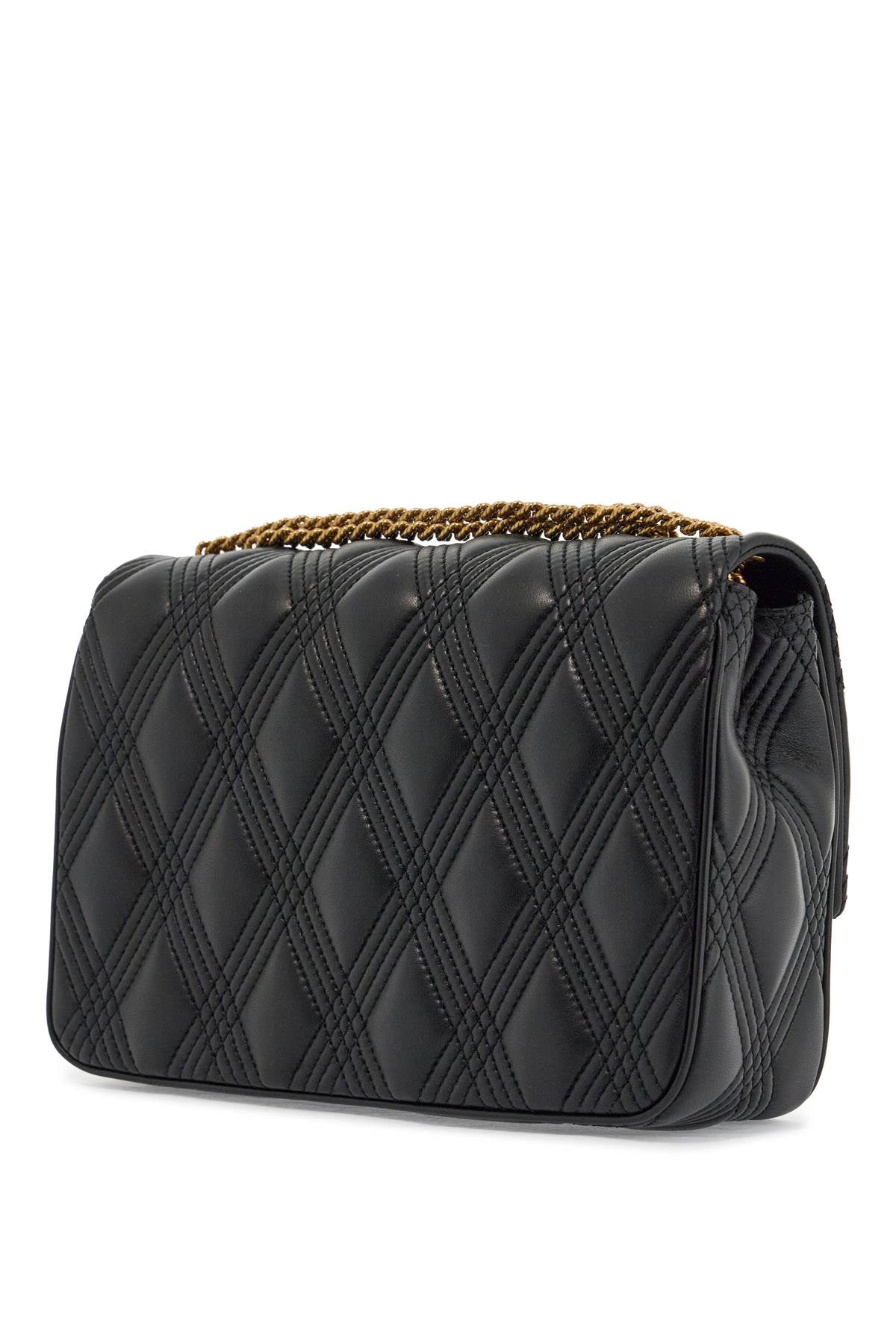 Quilted black shoulder bag with a gold chain