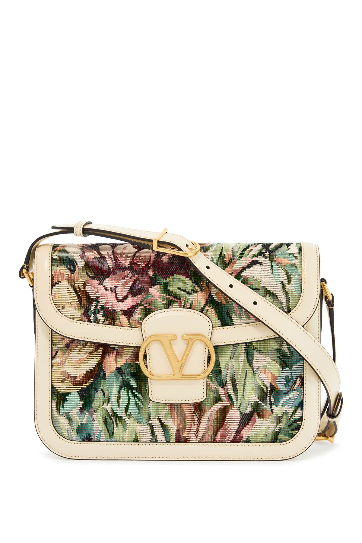 Multicolored floral shoulder bag in butter white leather