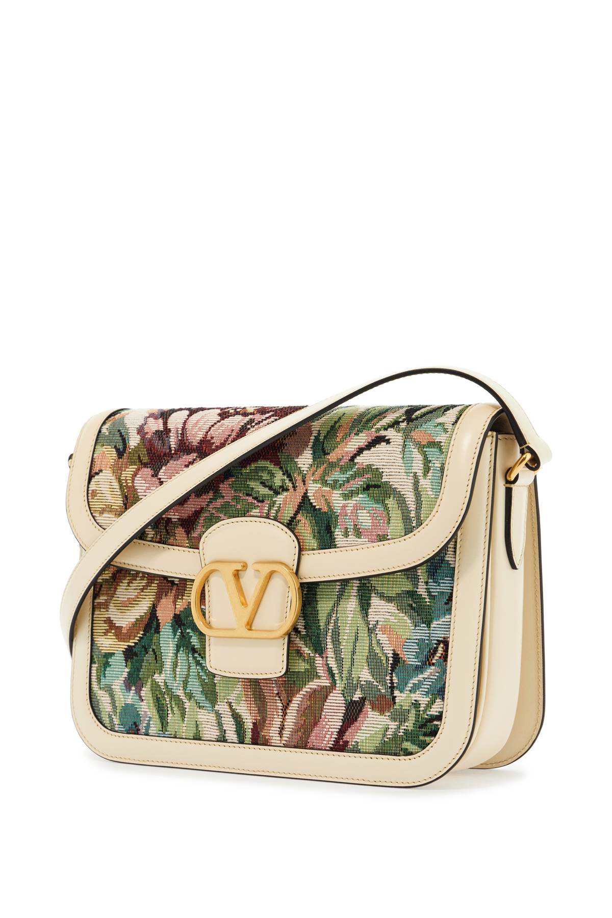 Multicolored floral shoulder bag in butter white leather