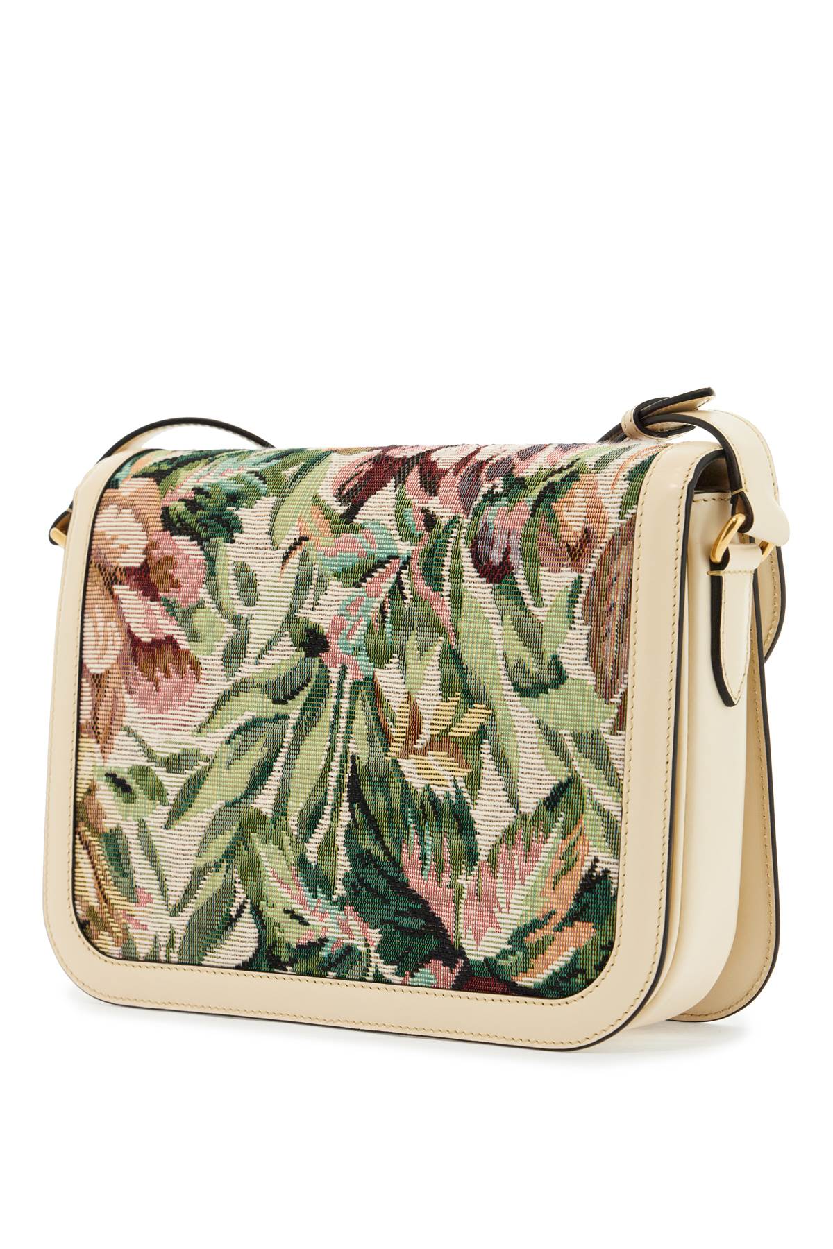 Multicolored floral shoulder bag in butter white leather