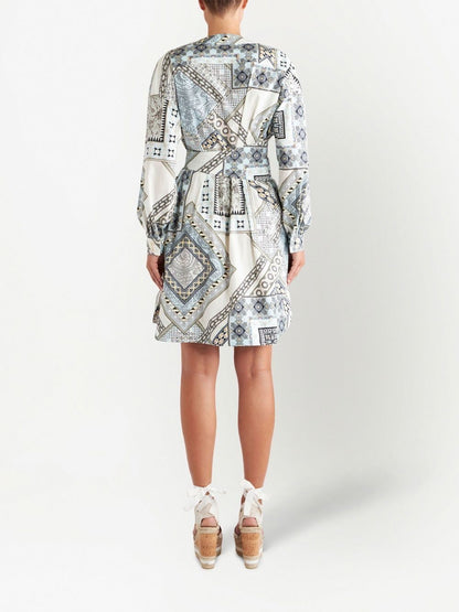 Etro Patchwork Print Belted Midi Dress Clear Blue