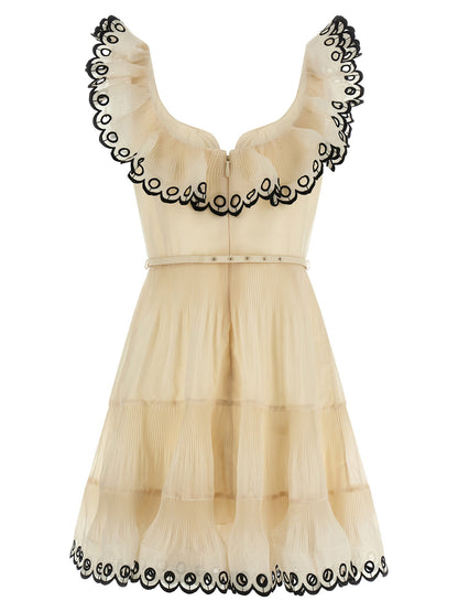 Zimmermann Embroidered Frilled Mini Dress Beige