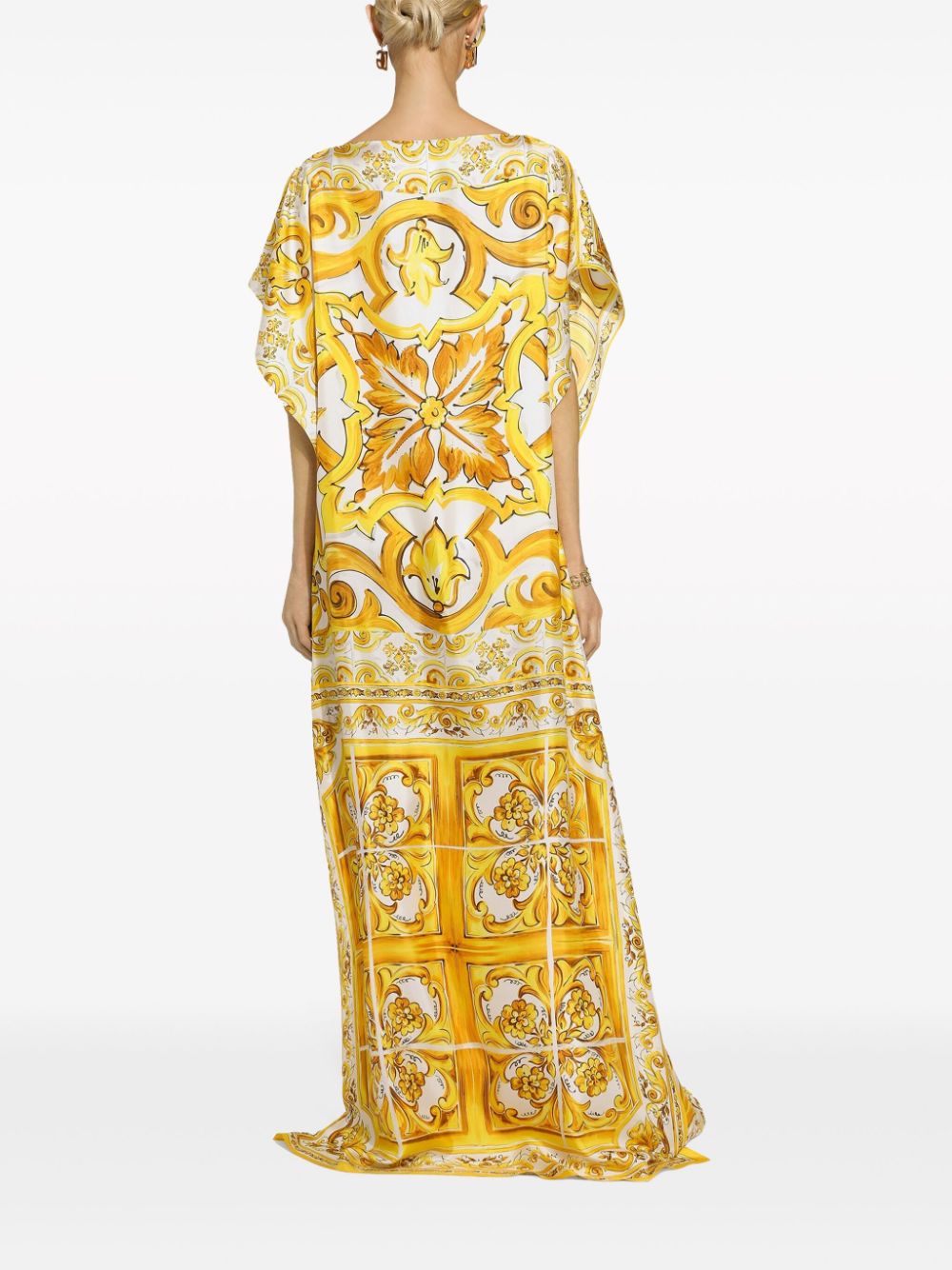 Silk twill caftan with majolica print