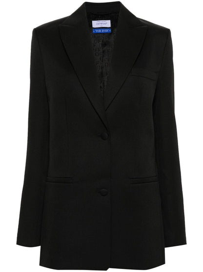 Off White Virgin Wool Embroidered Cuff Blazer Black