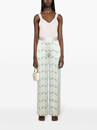 Casablanca High-Waisted Silk Satin Ping Pong Print Trousers Multicolor