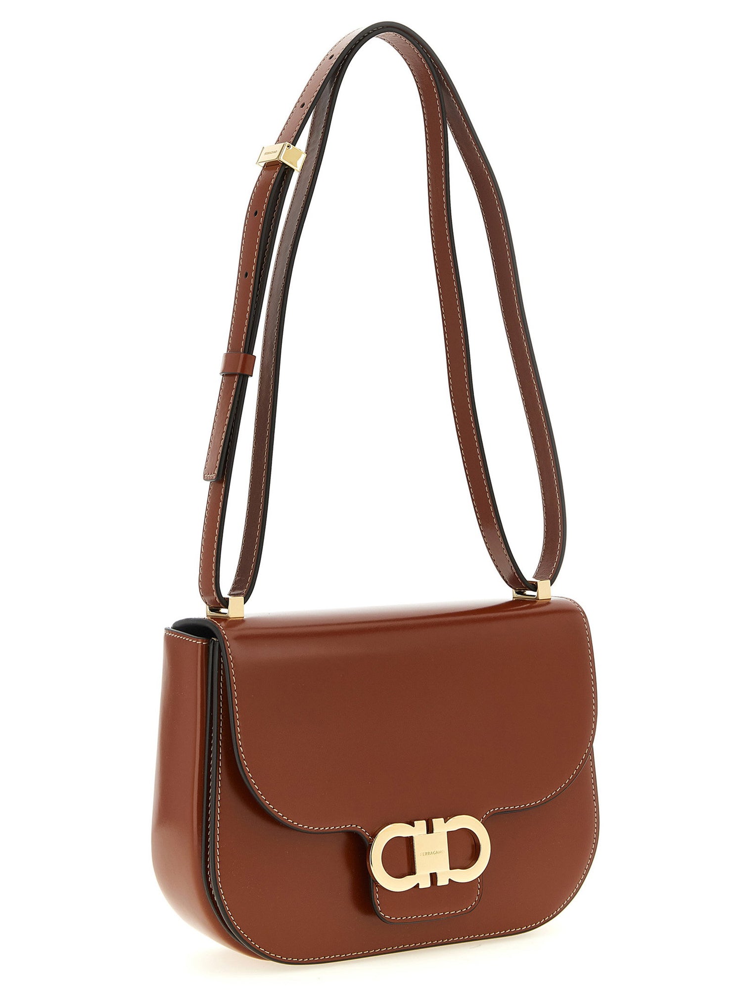 Ferragamo Double Gancini Closure Shoulder Bag Brown