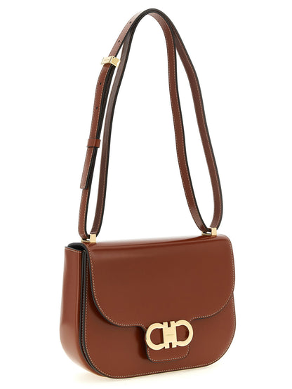 Ferragamo Double Gancini Closure Shoulder Bag Brown