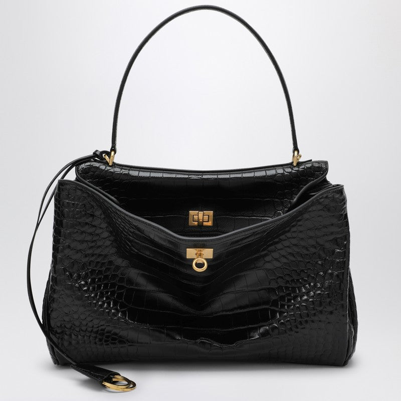 Balenciaga Cocco-Print Black Calfskin Medium Rodeo Bag Black