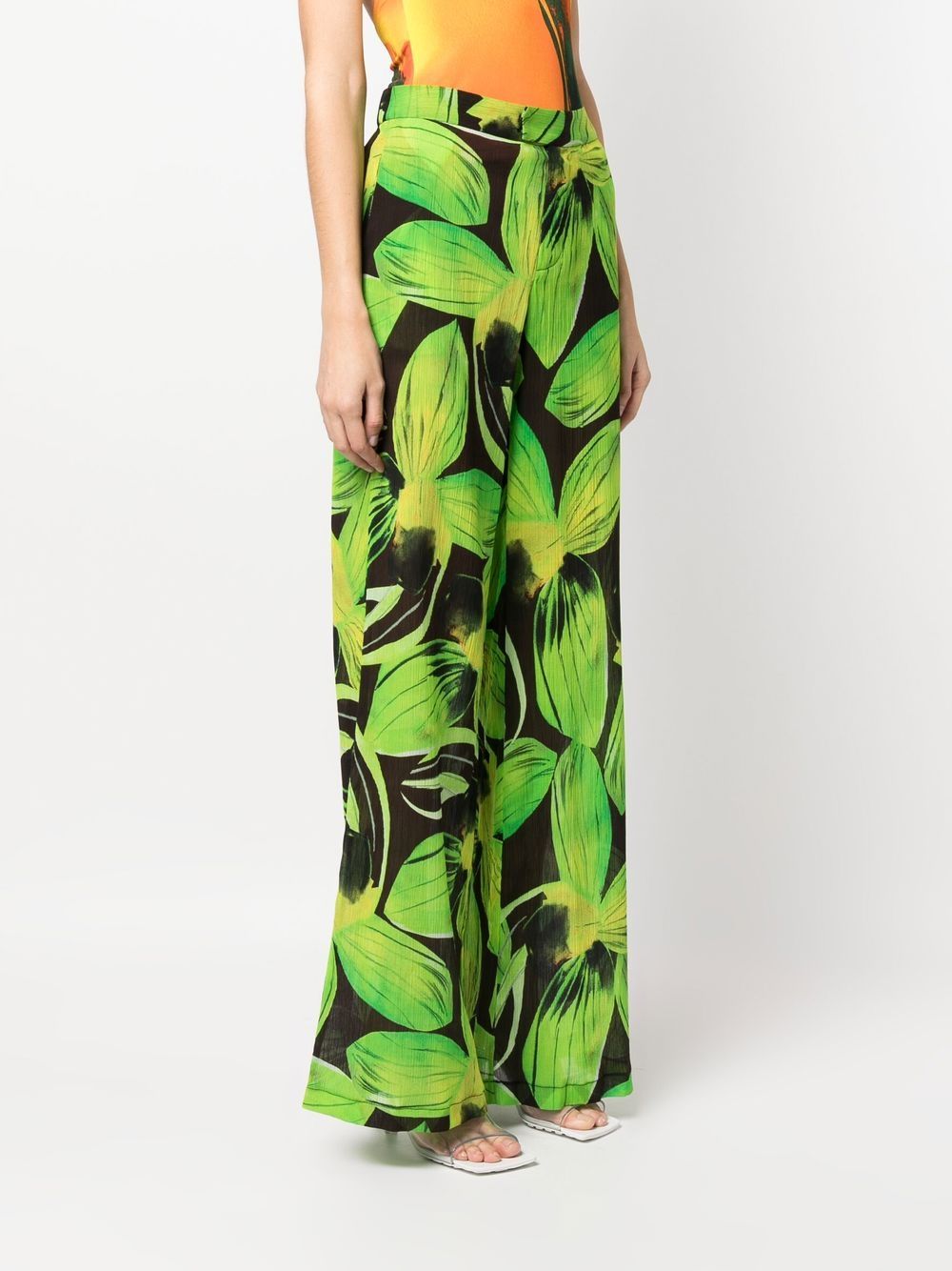 Louisa Ballou Leaves-Print Wide-Leg Trousers Green